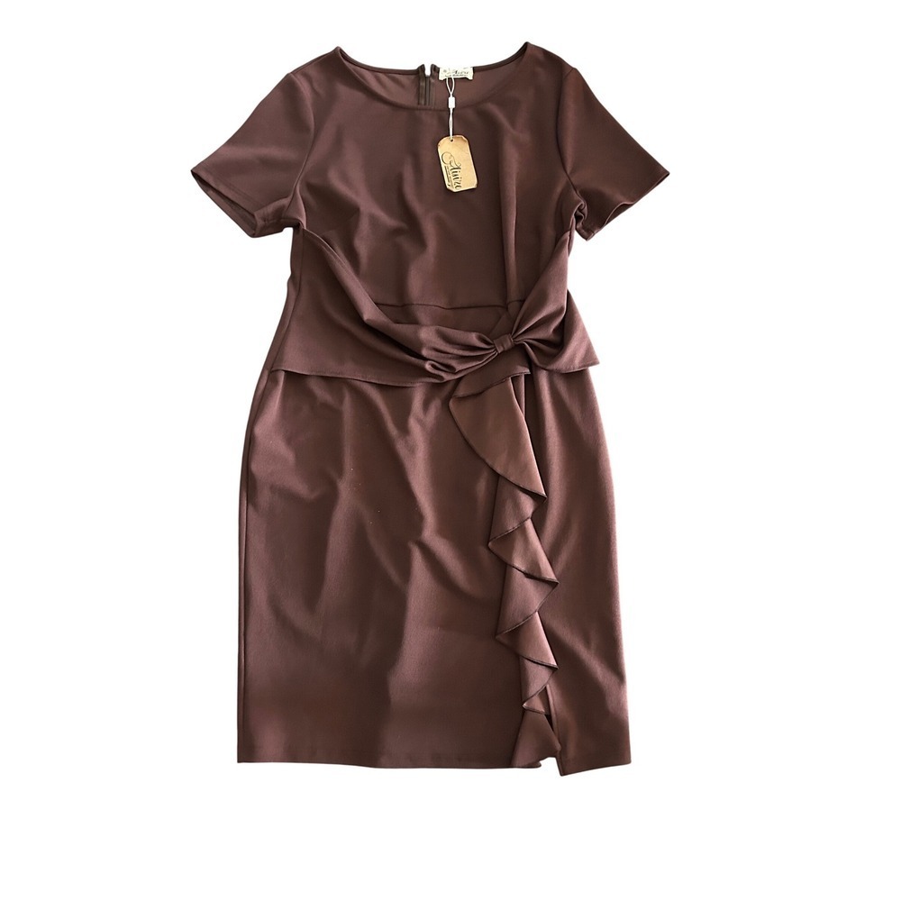 Aisize Vintage Redefined NWT 2XL Brown Ruffle Bow Sheath Dress Short Sleeve - Picture 4 of 4